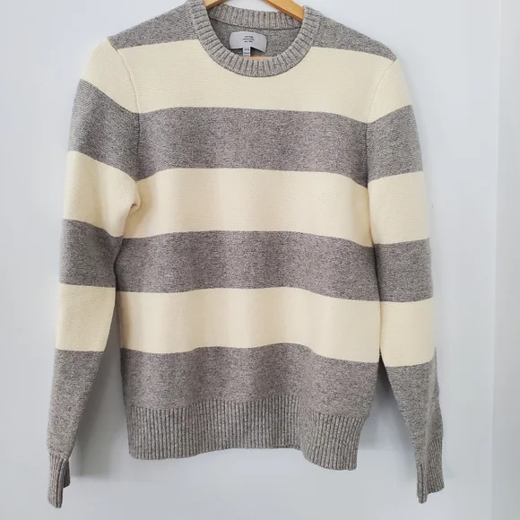 JACK SPADE Men MED Cream Gray Wide Stripe Sweater Wool Blend Crew Preppy Neutral